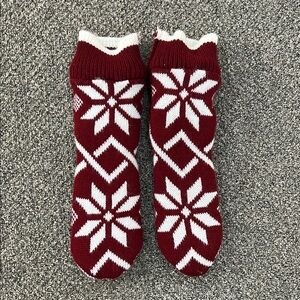 Red and White Knit Socks with Snowflake Pattern